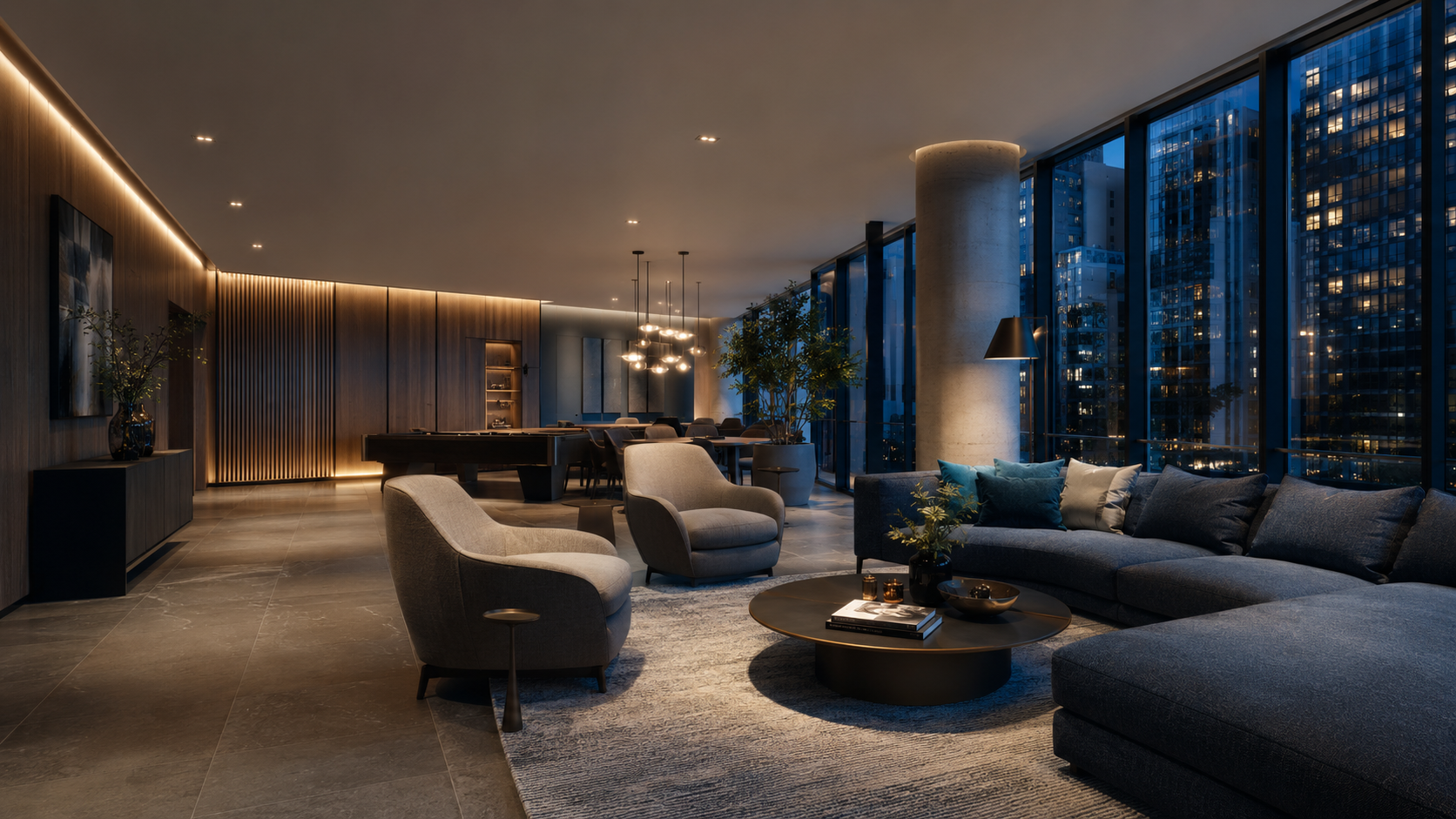 Premium evening lounge prepared for an automated scene