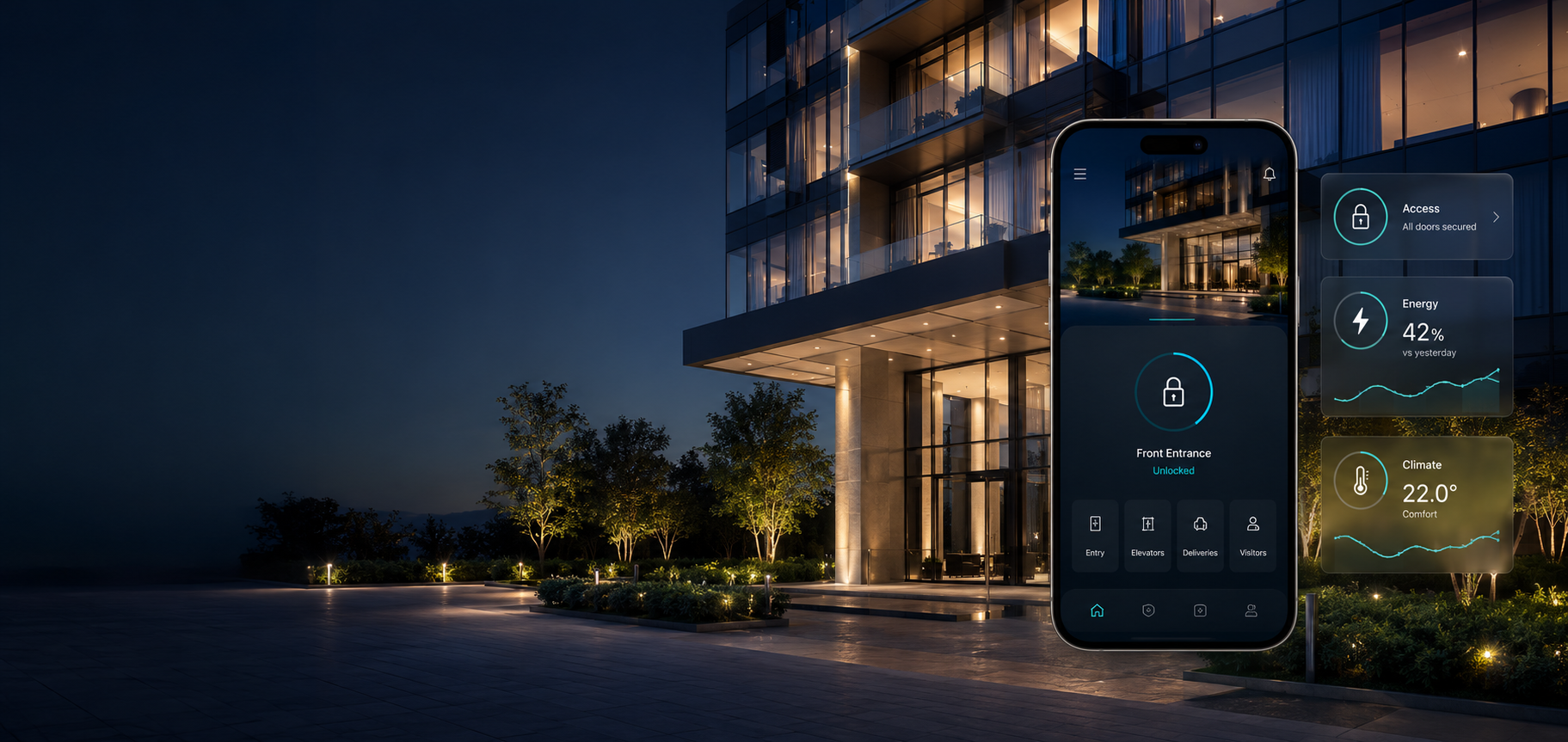 Premium smart commercial building at dusk with a building-access phone interface