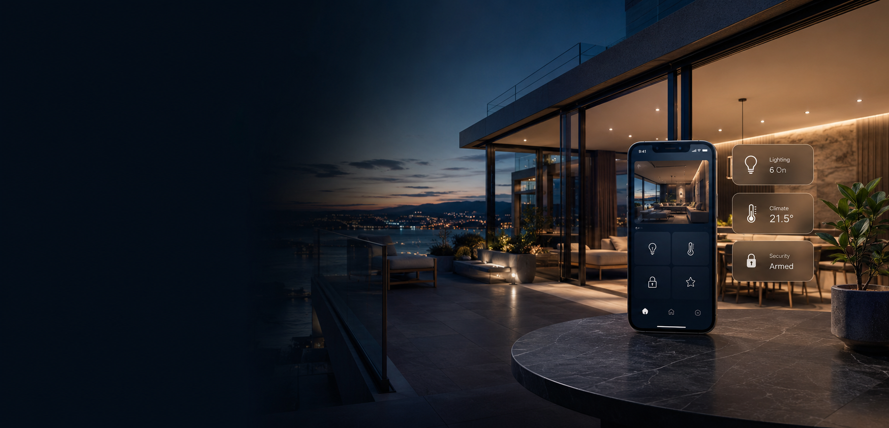 Premium smart apartment terrace at dusk with a home-control phone interface