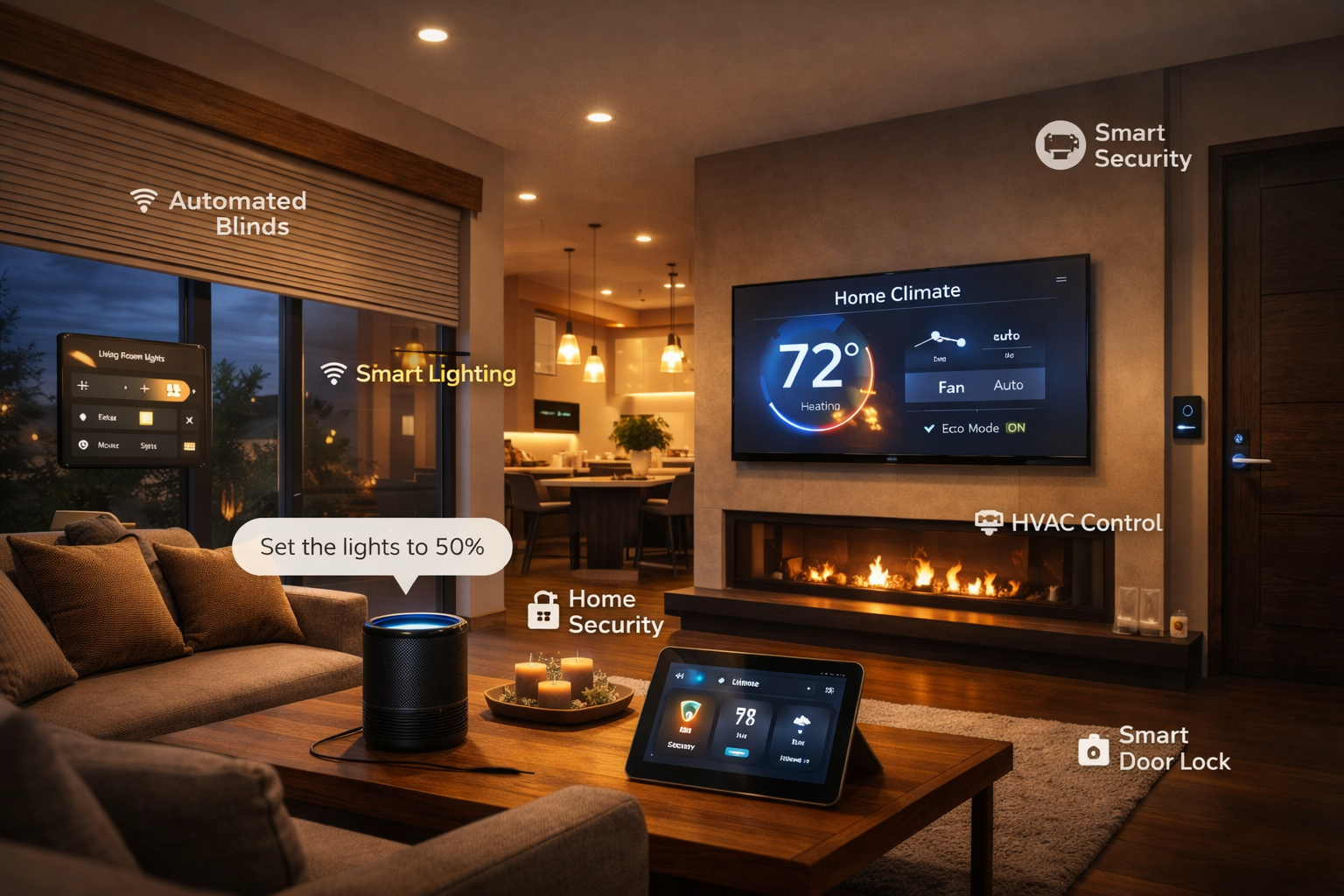 Bright luxury kitchen with smart home control interface
